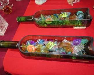 Wine bottles and glass candies.