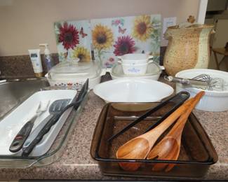 Corningware, casseroles, pottery jug.