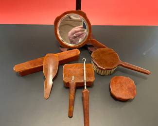 Antique Bakelite dresser set with mirror, brush, shoe horn, button hook and boxes