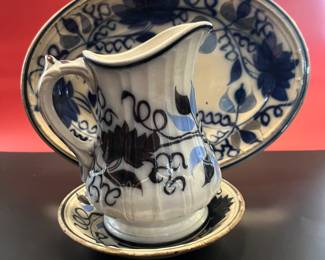 19th century blue and white stoneware jug, plate and platter