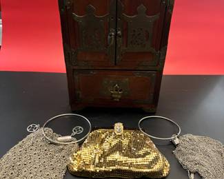 Antique Chinese jewelry box with a vintage Whiting and Davis gold mesh purse and two antique sterling silver accordion even bags