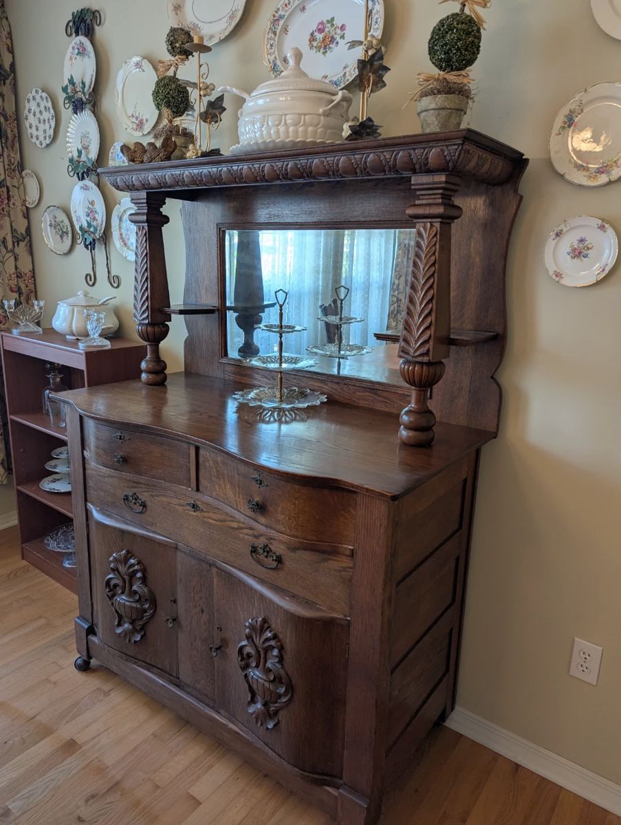 Gorgeous Victorian Hardwood Buffet - $1,200. 48" wide, 23" deep, 64.5 inches tall.