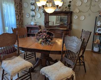 Antique Hardwood Oval Table & 4 chairs - $800.00 (without leaf table is round). 68" long, 8" wide,