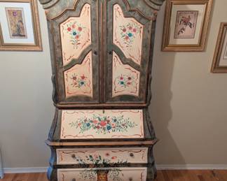 Hand-Painted Secretary - $600. 34" / 42" wide (top / bottom) 10 / 18" deep (top / bottom), 85" tall.