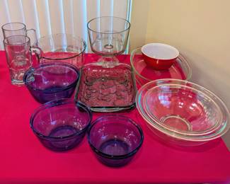 Set of 3 Blue Pyrex Bowls - and other glassware.