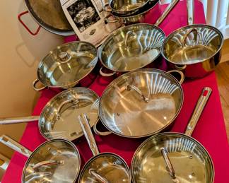 VERY NICE STAINLESS pots and pans - sold per piece. Note the Paella Pan at very back!
