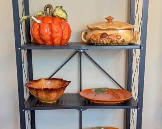 Lots of beautiful Fall and Thanksgiving dishware. (Shelf units are NOT for sale).