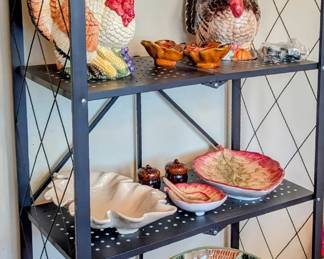Lots of beautiful Fall and Thanksgiving dishware. (Shelf units are NOT for sale).