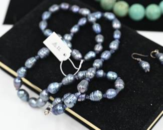 Black pearl necklaces, bracelets, earrings
