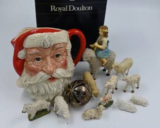 SOLD!!!!Royal Doulton Santa pitcher, Bethany Lowe “Shelby on Sheep” figurine, assorted antique and vintage nativity sets and separates, vintage silver ornaments