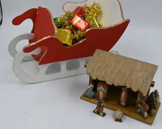 Sleigh planter and Italian-made vintage small nativity set