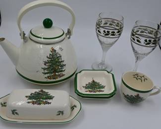 Spode Christmas Tree tea kettle (wear consistent with age), butter dish, ashtrays, mug, / Royal Ltd Holly Holiday stemware
