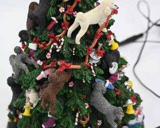 Danbury Mint discontinued poodle Christmas tree - damaged, missing a star light at top, and one poodle is missing her tail pouf.