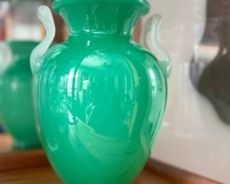 Steuben green jade glass with alabaster handles