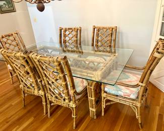 Mid Century Rattan Dining Room Set with Six Chairs $900