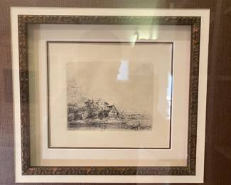 CUSTOM FRAMED REMBRANDT VAN RIJN LANDSCAPE WITH A COW DRINKING (MILLENIUM) ETCHING