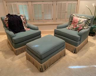 PR OF ROLLED ARM SKIRTED LOUNGE CHAIRS WITH OTTOMAN