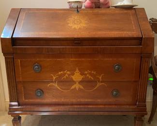 ANTIQUE INLAID MAHOGANY SLANT FRONT SECRETARY DESK