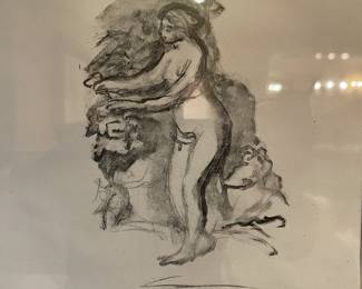 FRAMED 1919 "FEMME AU CEP DE VIGNE" RENOIR SIGNED LITHOGRAPH ON VELLUM PAPER-7" X 4 5/8"