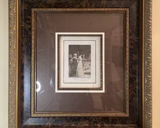 CUSTOM FRAMED FRANCISCO GOYA ETCHING AND BURNISHED AQUATINT ON WOVE PAPER "THEY SAY YES, AND GIVE THEIR HAND TO THE FIRST COMER" FROM LOS CAPRICHOS