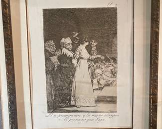 CUSTOM FRAMED FRANCISCO GOYA ETCHING AND BURNISHED AQUATINT ON WOVE PAPER "THEY SAY YES, AND GIVE THEIR HAND TO THE FIRST COMER" FROM LOS CAPRICHOS
