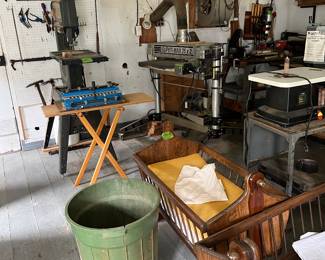 2 handmade cradles, saws, drill press