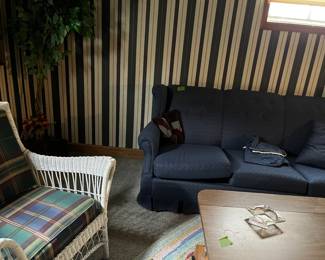 sleeper sofa, coffee table, wicker chair, ficus tree