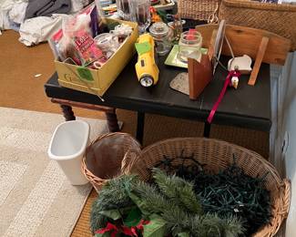 Christmas wreath, lights, antique table, baskets, misc