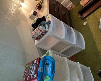 night stand, lamp, storage totes