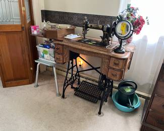 old sewing machine, clock, misc