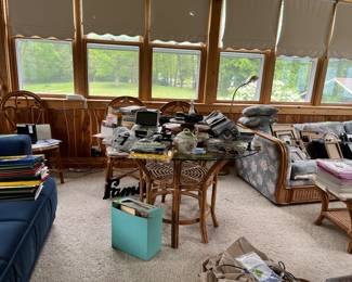 rattan/glass table with 4 chairs, misc office supplies