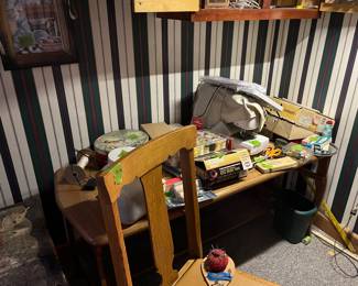 sewing machine, sewing table, oak chair