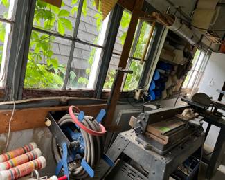 croquet set, air hose, woodworking stuff