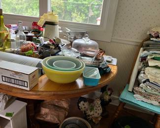 kitchen wares, pyrex, oak pedestal table with 2 leaves