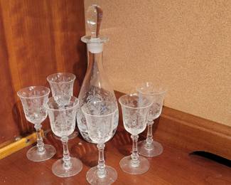 Crystal sherry glasses and decanter