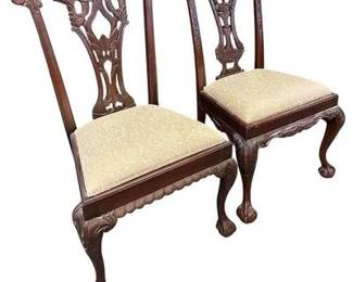 PAIR CHIPPENDALE STYLE BALL & CLAW CHAIRS $150
2 Chippendale Style Mahogany Ball & Claw Arm Chairs with cream upholstery.. Each 23"wide 18.5" deep and 40" high. Seat Height 19".