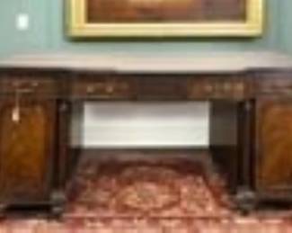 ANTIQUE ENGLISH REGENCY FLAME MAHOGANY BUFFET $1,150
With Label from Bernard Baverstock, Restorer, Two Hovens Farm, Beckley, East Sussex. Measures 80" long 30" deep and 38" high.