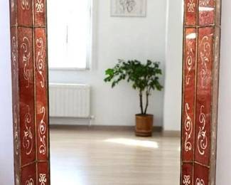 LARGE 76" RASCHELLA RED GLASS REVERSE PAINTED MIRROR. $835
Measures 76"x46".