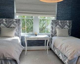 MATCHED CUSTOM DESIGNER UPHOLSTERED TWIN BEDS $1,200
A Pair of Custom Designed Twin Beds Upholstered with Eastern Accents Fabric. Each Measure 61"x44"x4.5".
