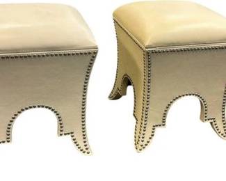 GLOBAL VIEWS LEATHER OTTOMANS $700
Stylish Contemporary Global Views Cream Leather Moroccan Style Ottoman with Storage, Outlined in Silver Nail head Trim. One Ottoman is Slightly Lighter. 20"x16"x16"