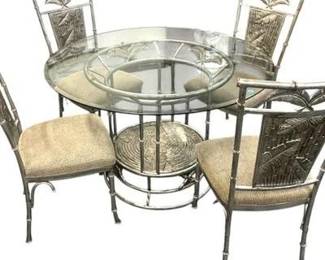 GLASS TOP PEDESTAL PALM TREE MOTIF DINING TABLE
W/ 4 CHAIRS $500
Table Measures 30" High x 4ft Round. Chairs Measure 40"x19"x19". Seat Height 18".