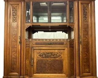 FRENCH TRUE ART DECO WALNUT A DEUX CORPS $2500
Two-body Art Deco sideboard in solid walnut and burl walnut c 1920. Red marble top, original beveled glass upper cabinets, mirrored back, carved vegetable accents. Fabulous display, in very good antique condition. Measures. 82" wide" x 23" deep and 80"tall