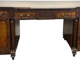 ANTIQUE ENGLISH REGENCY FLAME MAHOGANY BUFFET $1,150
With Label from Bernard Baverstock, Restorer, Two Hovens Farm, Beckley, East Sussex. Measures 80" long 30" deep and 38" high.