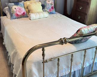 Queen bed with brass headboard, and footboard