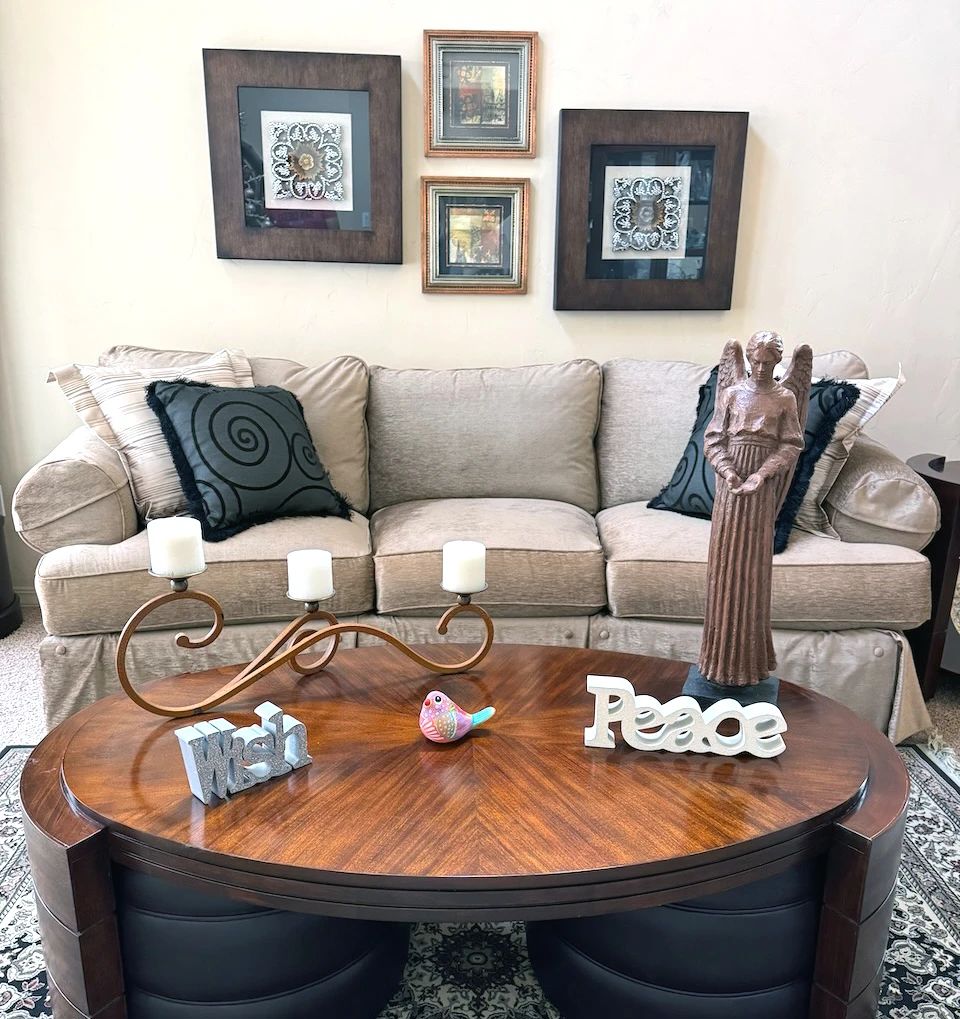 Lazy Boy sofa, round coffee table, decor