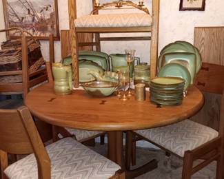Oak Dining Table 6 chairs, matches china cabinet, Frankoma dishes