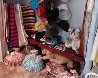 Lots of hats, Dolls, Mahogany Bench