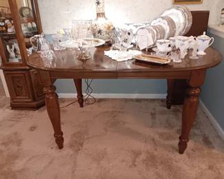 Oval Mahogany Dining Table - 1 leaf, Waterford China, never used, new. Silverplate cake stand and server.