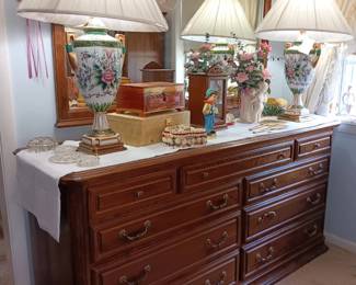 Double dresser, Mirror, Jewelry Boxes, flower frogs, Gorgeous lamps