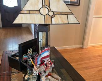 Mission style pair of stained glass lamps